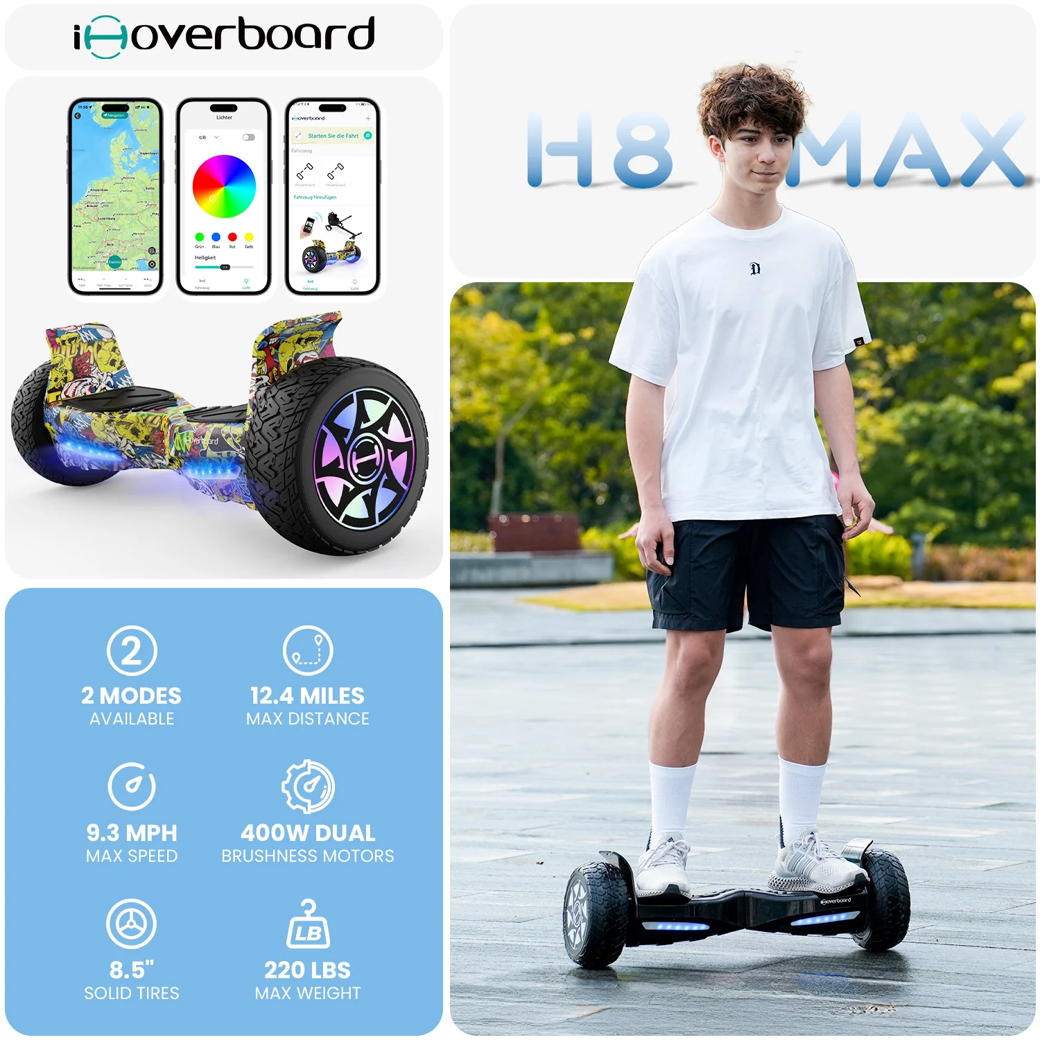 8.5" H8Max Off Road Hoverboard with Bluetooth Music and LED Lights - Self Balancing System - Image 4